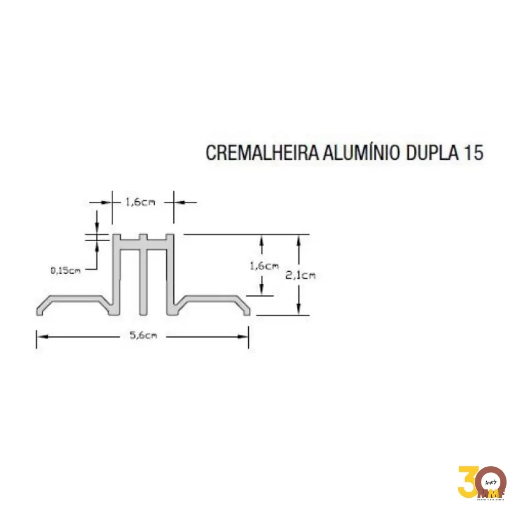 CREMALHEIRA ALUMINO ANODIZADO DUPLA 2,55 MT 15mm
