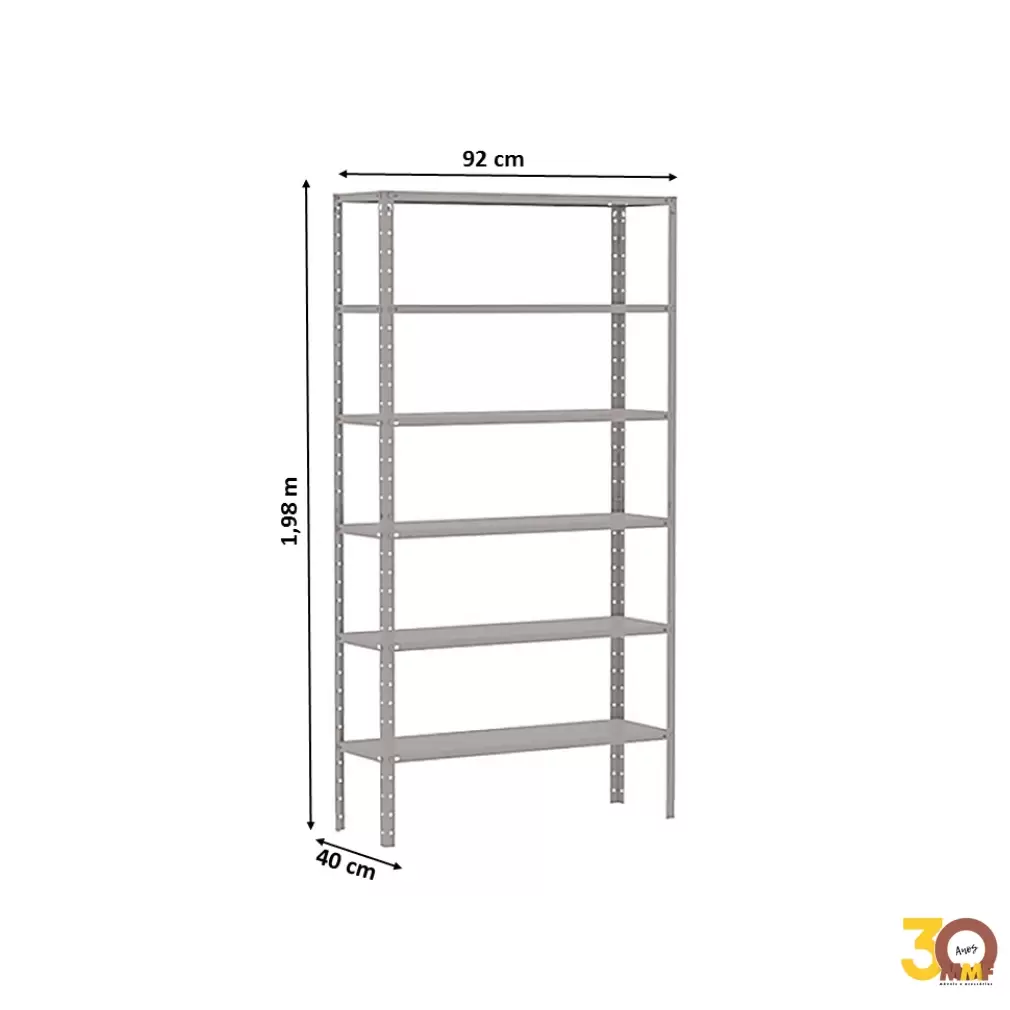 Estante De Aço Com Reforço 6 Prateleiras - 92 x 42 x 198 cm Cor Cinza